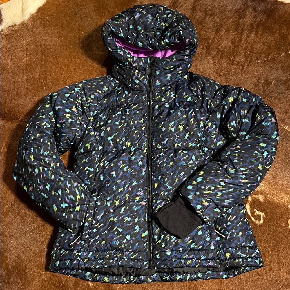 Girls Black Puffer Jacket Coat with Rainbow Multicolor - All in Motion,size14/16